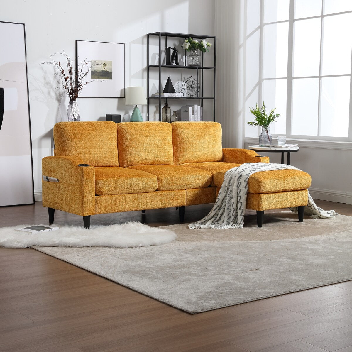 Modern L-Shaped Free-Combined Modular Sofa Couch With Storage Ottoman,Pillows,Cup Holders,Side Pockets, 3 Seat