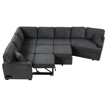 Modern L-Shaped Sectional Sofa with Pull-Out Bed, USB Ports and Drop-Down Cup Holder Tables for Living Room
