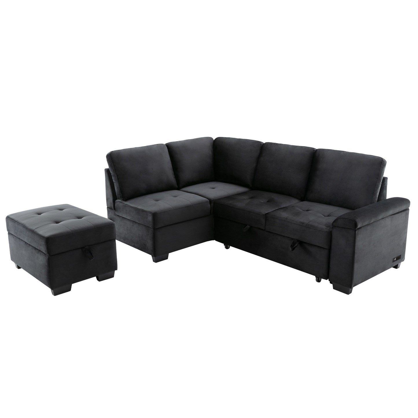 Modern L Shaped Velvet Couch Sleeper, Corner Sectional Sofa Bed with Storage Ottoman & Hidden Arm Storage & USB Charge