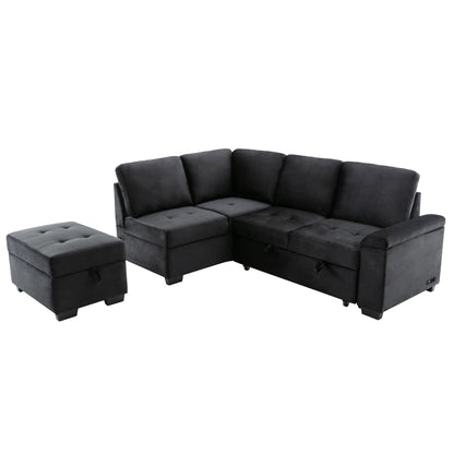 Modern L Shaped Velvet Couch Sleeper, Corner Sectional Sofa Bed with Storage Ottoman & Hidden Arm Storage & USB Charge