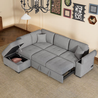 Modern L Shaped Velvet Couch Sleeper, Corner Sectional Sofa Bed with Storage Ottoman & Hidden Arm Storage & USB Charge