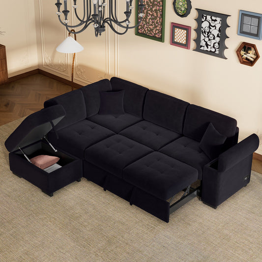 Modern L Shaped Velvet Couch Sleeper, Corner Sectional Sofa Bed with Storage Ottoman & Hidden Arm Storage & USB Charge