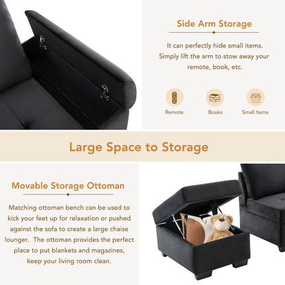 Modern L Shaped Velvet Couch Sleeper, Corner Sectional Sofa Bed with Storage Ottoman & Hidden Arm Storage & USB Charge