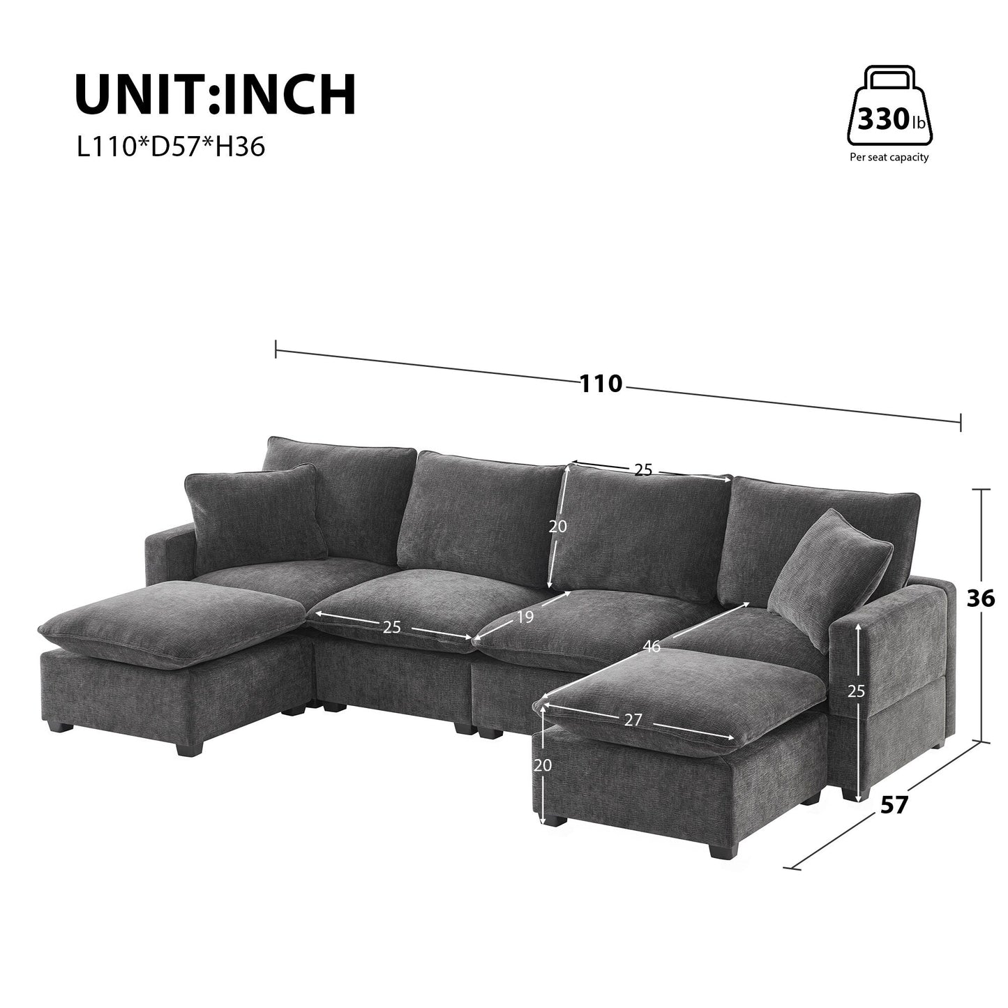 Modern Modular Sofa, 4 Seat Chenille Sectional Couch Set With 2 Pillows Included, Freely Combinable Indoor Funiture