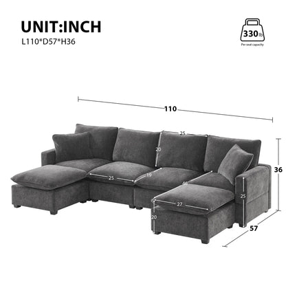 Modern Modular Sofa, 4 Seat Chenille Sectional Couch Set With 2 Pillows Included, Freely Combinable Indoor Funiture