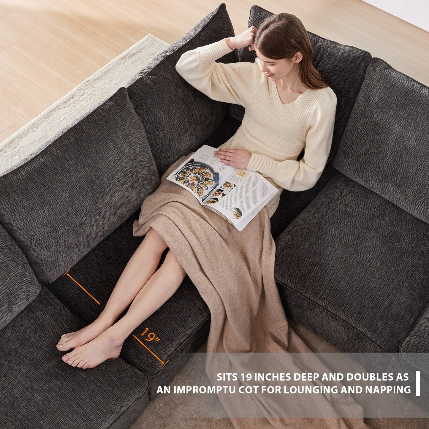 Modern Modular Sofa, 4 Seat Chenille Sectional Couch Set With 2 Pillows Included, Freely Combinable Indoor Funiture