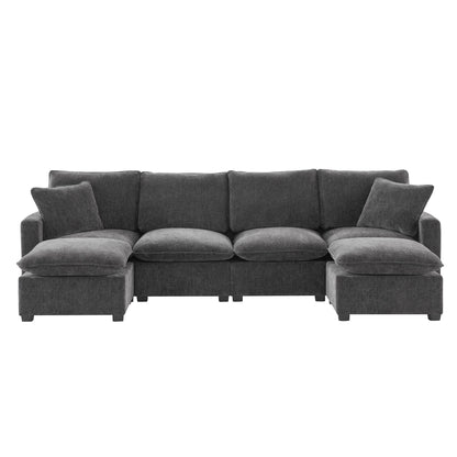 Modern Modular Sofa, 4 Seat Chenille Sectional Couch Set With 2 Pillows Included, Freely Combinable Indoor Funiture