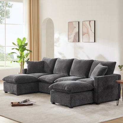 Modern Modular Sofa, 4 Seat Chenille Sectional Couch Set With 2 Pillows Included, Freely Combinable Indoor Funiture