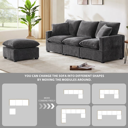 Modern Modular Sofa, 4 Seat Chenille Sectional Couch Set With 2 Pillows Included, Freely Combinable Indoor Funiture