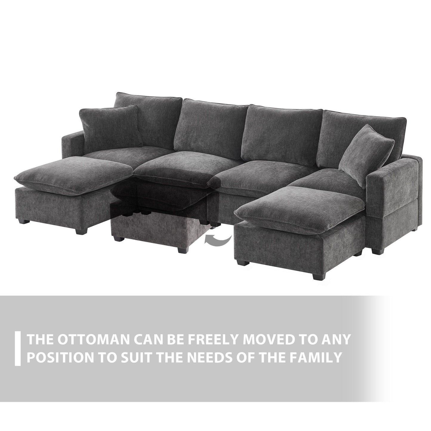 Modern Modular Sofa, 4 Seat Chenille Sectional Couch Set With 2 Pillows Included, Freely Combinable Indoor Funiture