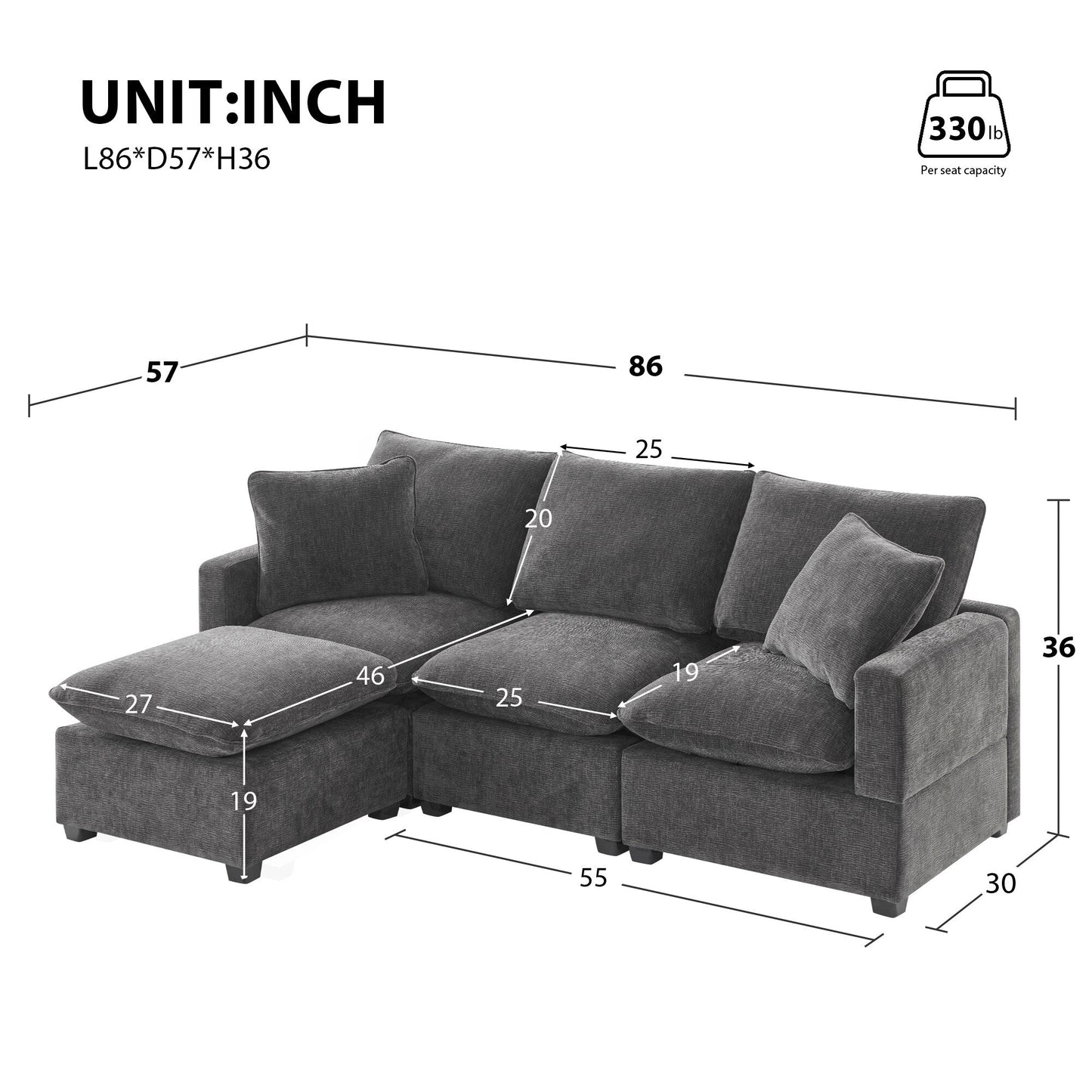 Modern Modular Sofa, 4 Seat Chenille Sectional Couch Set With 2 Pillows Included, Freely Combinable Indoor Funiture