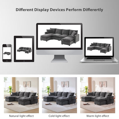 Modern Modular Sofa, 4 Seat Chenille Sectional Couch Set With 2 Pillows Included, Freely Combinable Indoor Funiture