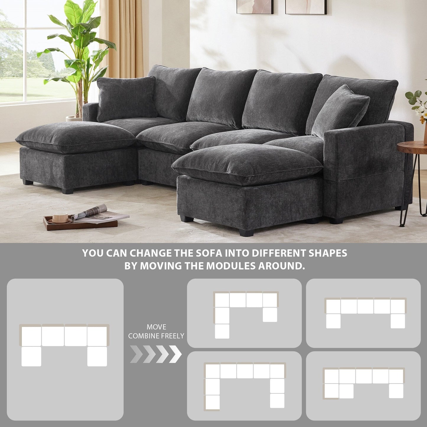 Modern Modular Sofa, 4 Seat Chenille Sectional Couch Set With 2 Pillows Included, Freely Combinable Indoor Funiture