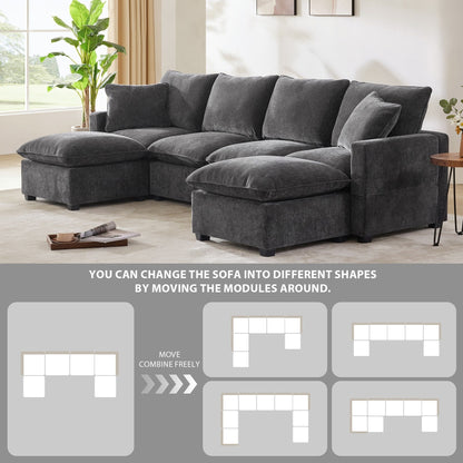 Modern Modular Sofa, 4 Seat Chenille Sectional Couch Set With 2 Pillows Included, Freely Combinable Indoor Funiture