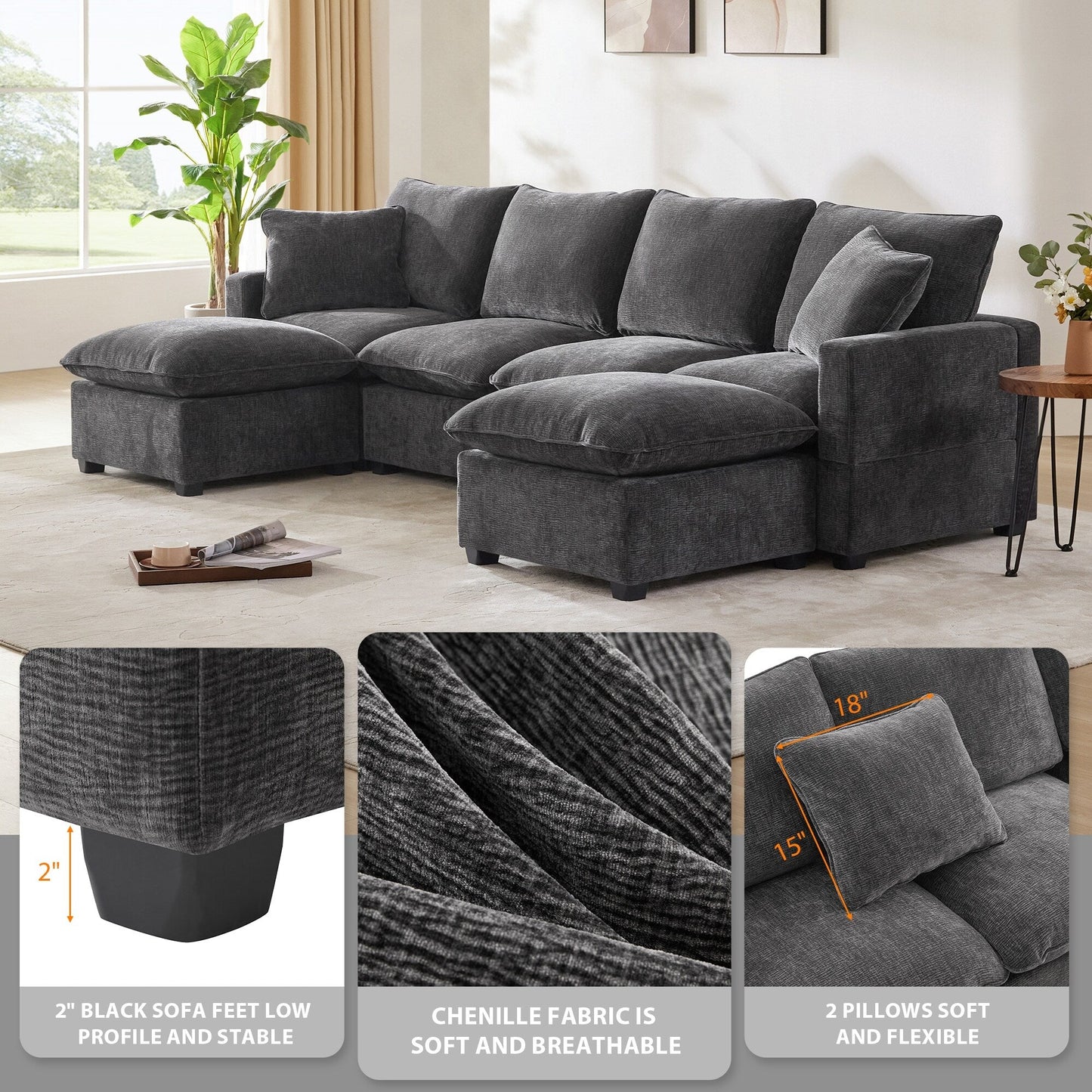 Modern Modular Sofa, 4 Seat Chenille Sectional Couch Set With 2 Pillows Included, Freely Combinable Indoor Funiture