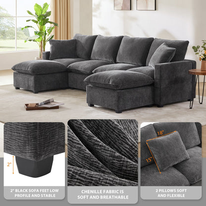 Modern Modular Sofa, 4 Seat Chenille Sectional Couch Set With 2 Pillows Included, Freely Combinable Indoor Funiture