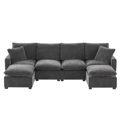 Modern Modular Sofa, 4 Seat Chenille Sectional Couch Set With 2 Pillows Included, Freely Combinable Indoor Funiture