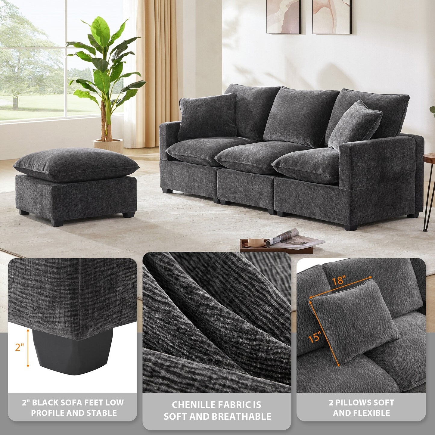 Modern Modular Sofa, 4 Seat Chenille Sectional Couch Set With 2 Pillows Included, Freely Combinable Indoor Funiture