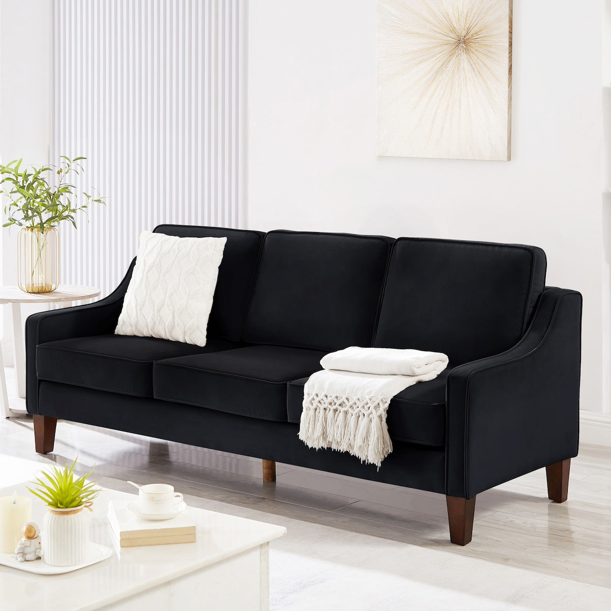 Modern Upholstered Sofa with Removable Cushions and Scooped Arms
