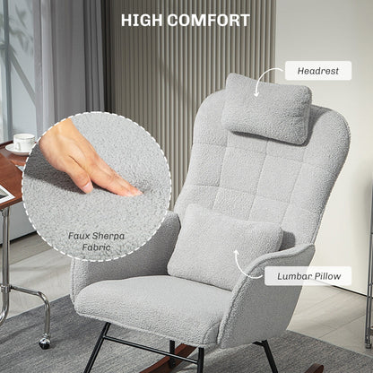 Modern Upholstered Rocking Nursery Glider Chair with High Backrest, Headrest and Lumbar Pillow for Living Room or Bedroom