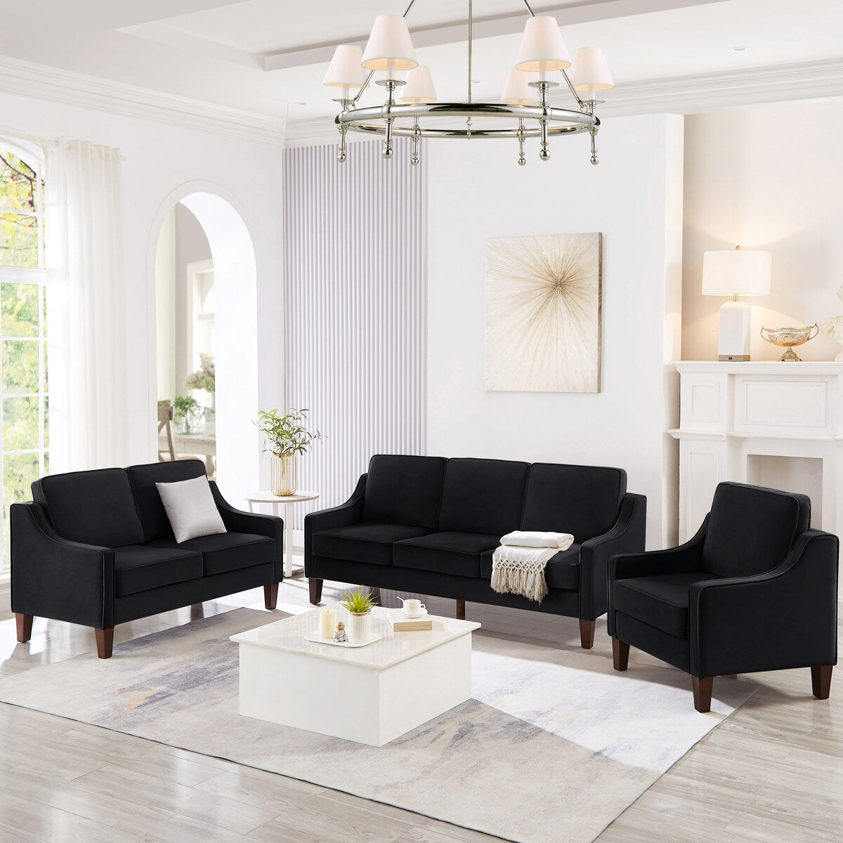 Modern Upholstered Sofa with Removable Cushions and Scooped Arms