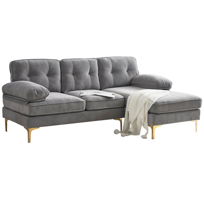 Modern Velvet L-Shaped Sectional Sofa with Metal Legs and Wide Backrest for Living Room Bedroom