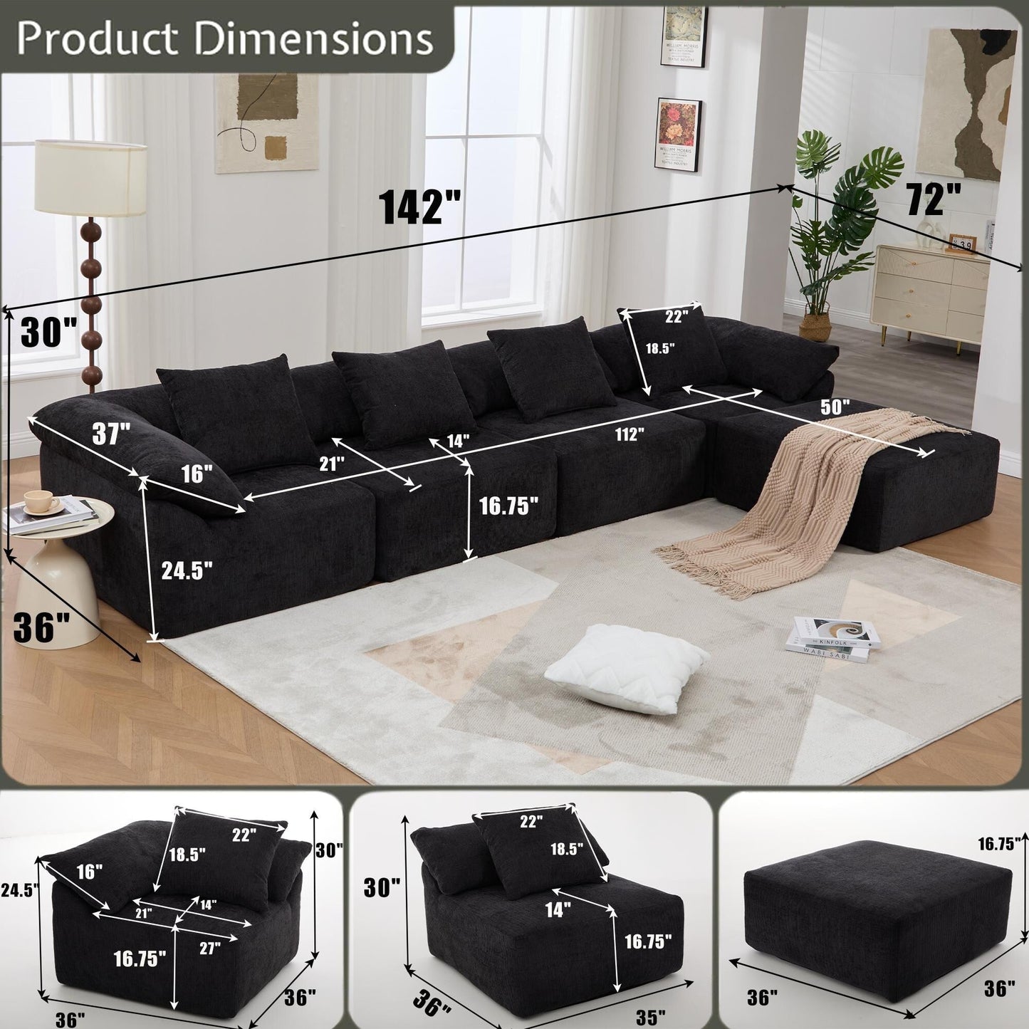 Modular 5-Piece Sectional Sofa Convertible Sleeper Couch with Ottoman and Pillows for Living Room