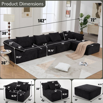 Modular 5-Piece Sectional Sofa Convertible Sleeper Couch with Ottoman and Pillows for Living Room