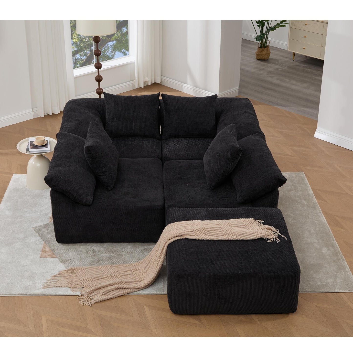Modular 5-Piece Sectional Sofa Convertible Sleeper Couch with Ottoman and Pillows for Living Room