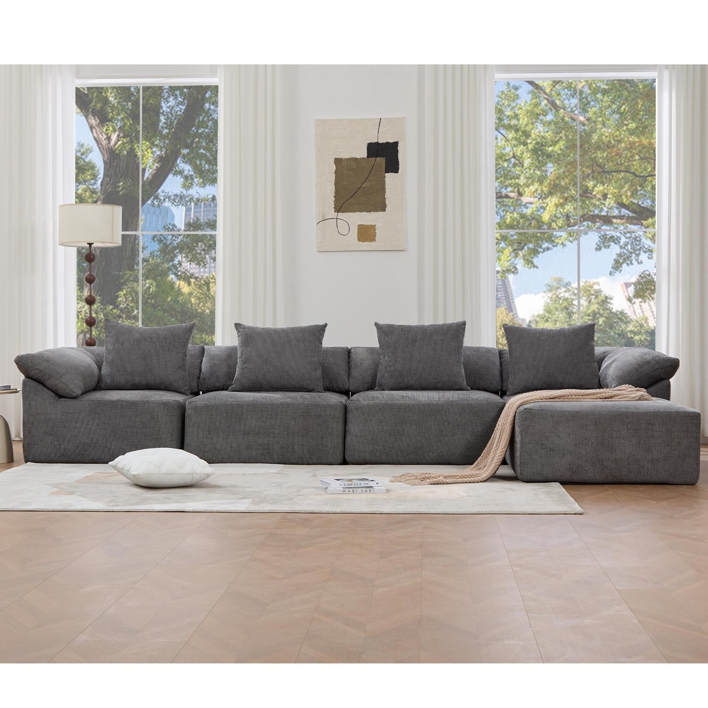 Modular 5-Piece Sectional Sofa Convertible Sleeper Couch with Ottoman and Pillows for Living Room