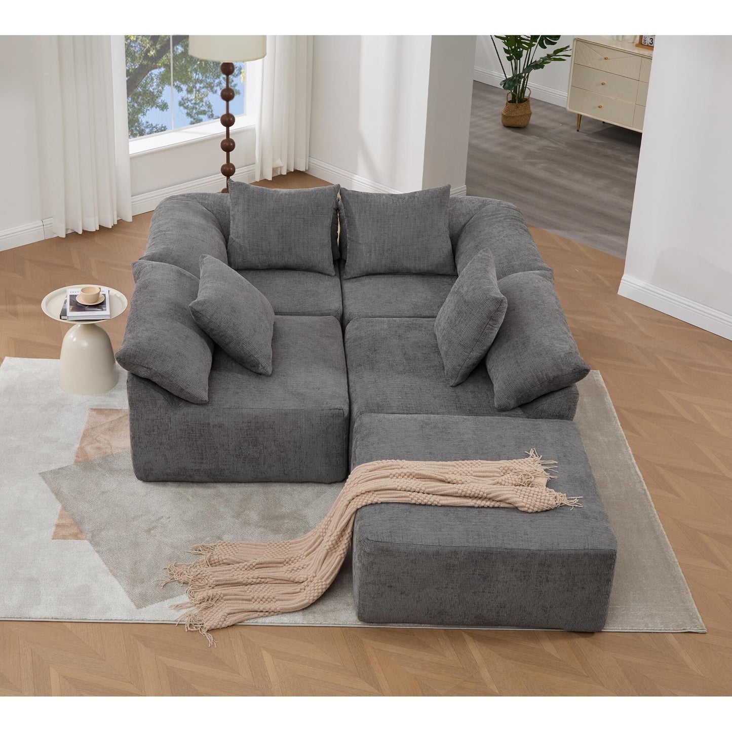 Modular 5-Piece Sectional Sofa Convertible Sleeper Couch with Ottoman and Pillows for Living Room