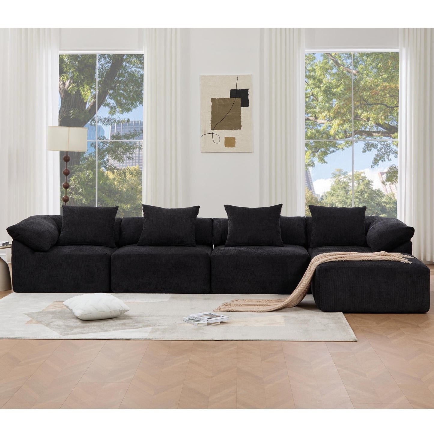 Modular 5-Piece Sectional Sofa Convertible Sleeper Couch with Ottoman and Pillows for Living Room