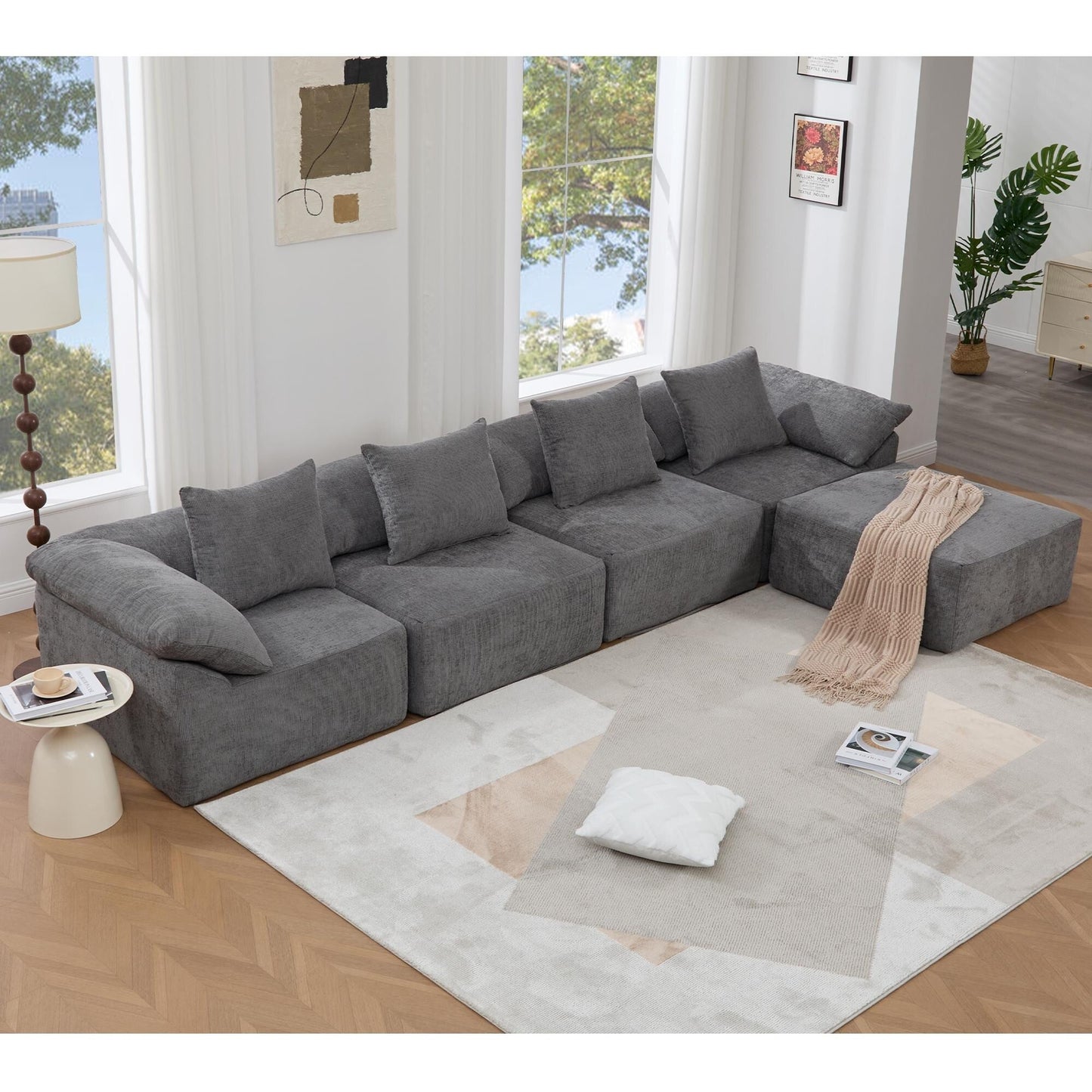 Modular 5-Piece Sectional Sofa Convertible Sleeper Couch with Ottoman and Pillows for Living Room