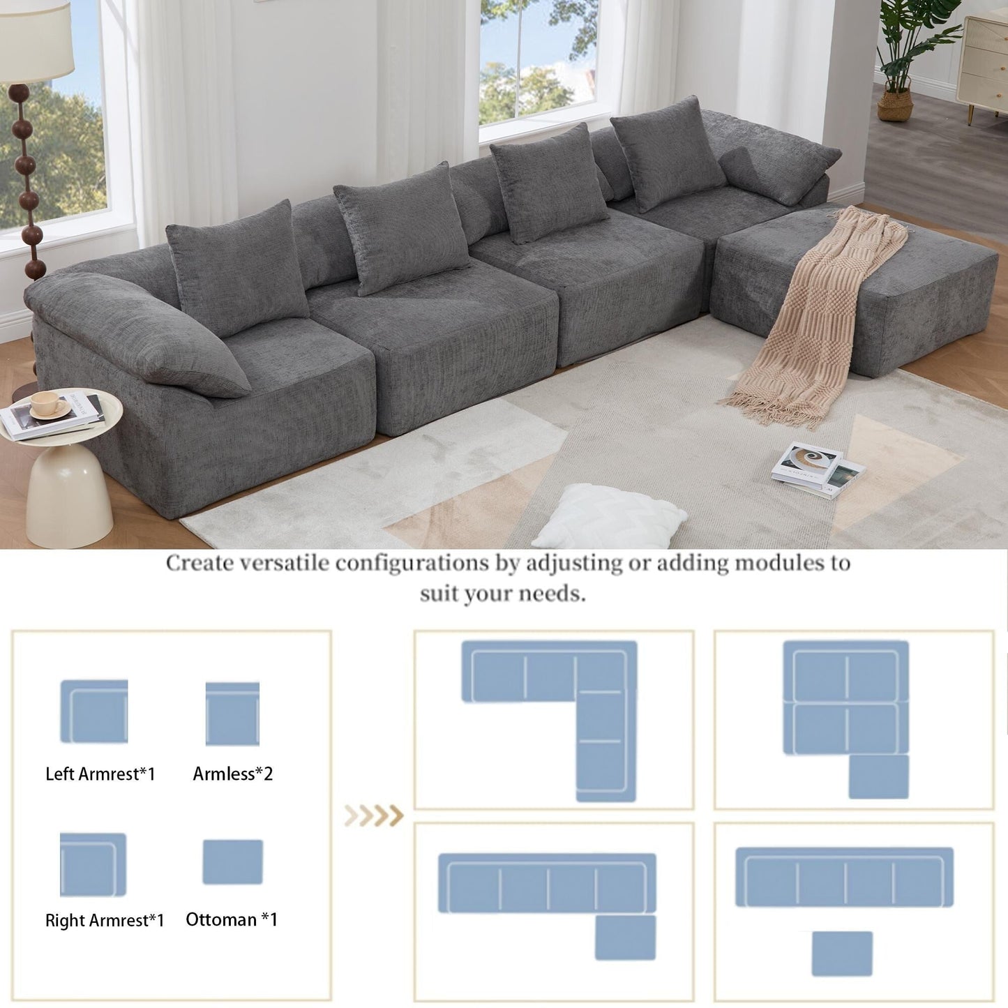 Modular 5-Piece Sectional Sofa Convertible Sleeper Couch with Ottoman and Pillows for Living Room