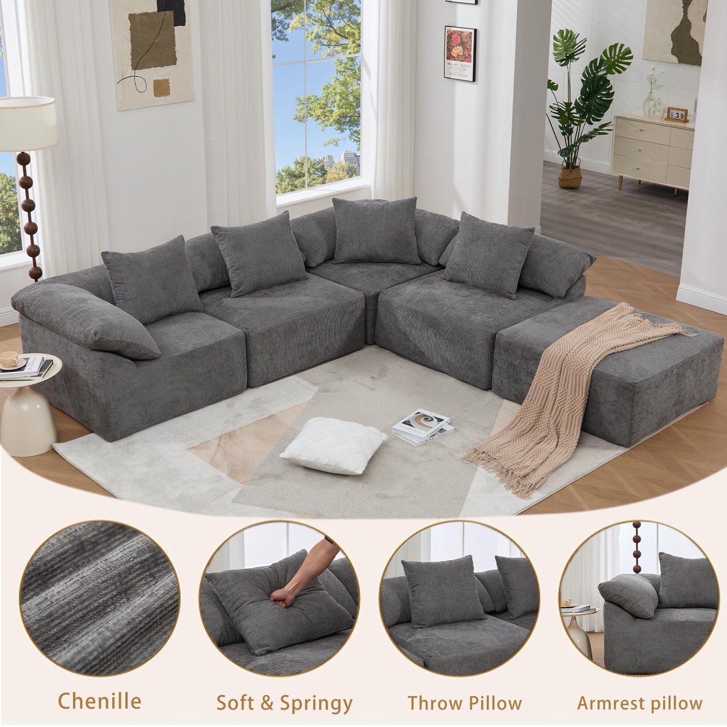 Modular 5-Piece Sectional Sofa Convertible Sleeper Couch with Ottoman and Pillows for Living Room