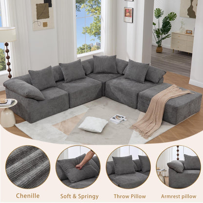 Modular 5-Piece Sectional Sofa Convertible Sleeper Couch with Ottoman and Pillows for Living Room
