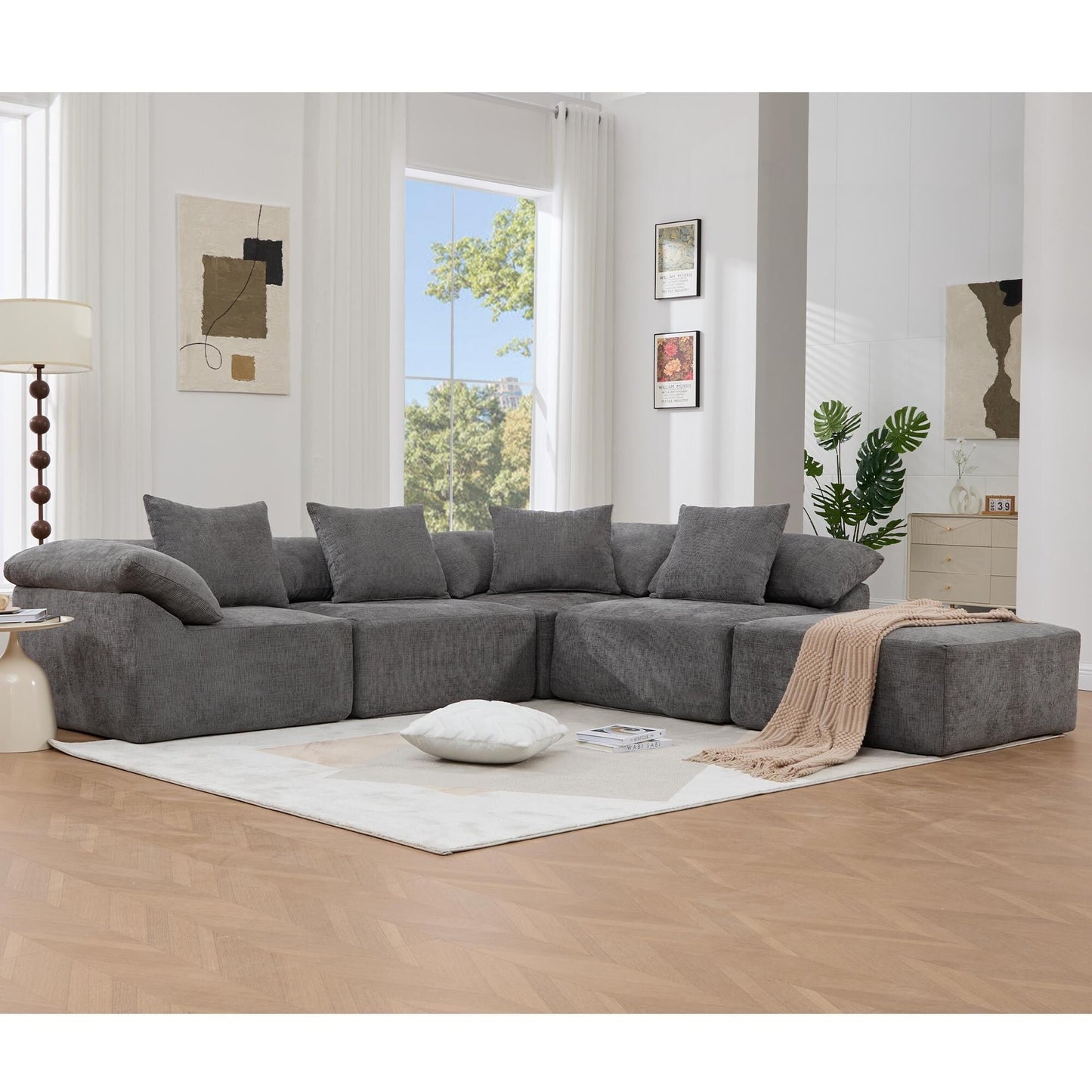 Modular 5-Piece Sectional Sofa Convertible Sleeper Couch with Ottoman and Pillows for Living Room