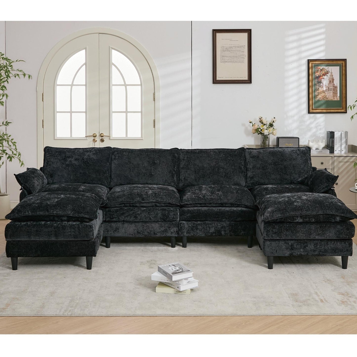 Modular 6-Seat U-Shaped Sectional Sofa with Movable Ottoman and Armrest Pillows for Living Room Apartment