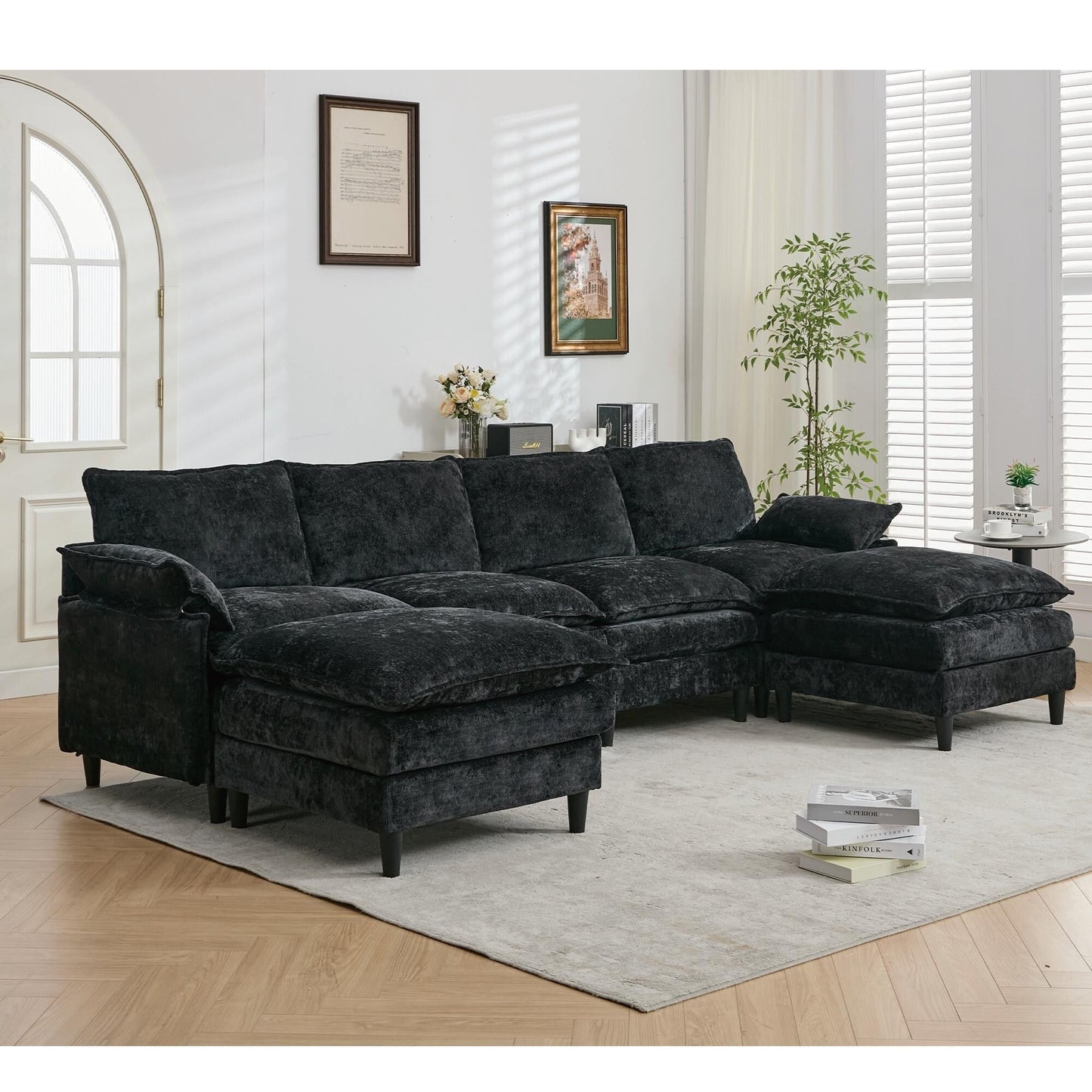 Modular 6-Seat U-Shaped Sectional Sofa with Movable Ottoman and Armrest Pillows for Living Room Apartment