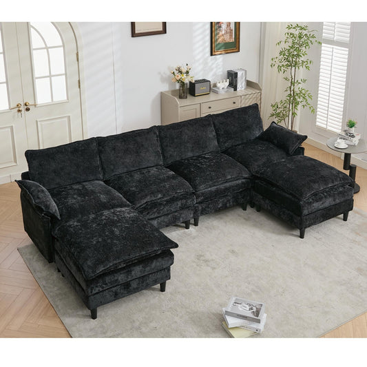 Modular 6-Seat U-Shaped Sectional Sofa with Movable Ottoman and Armrest Pillows for Living Room Apartment