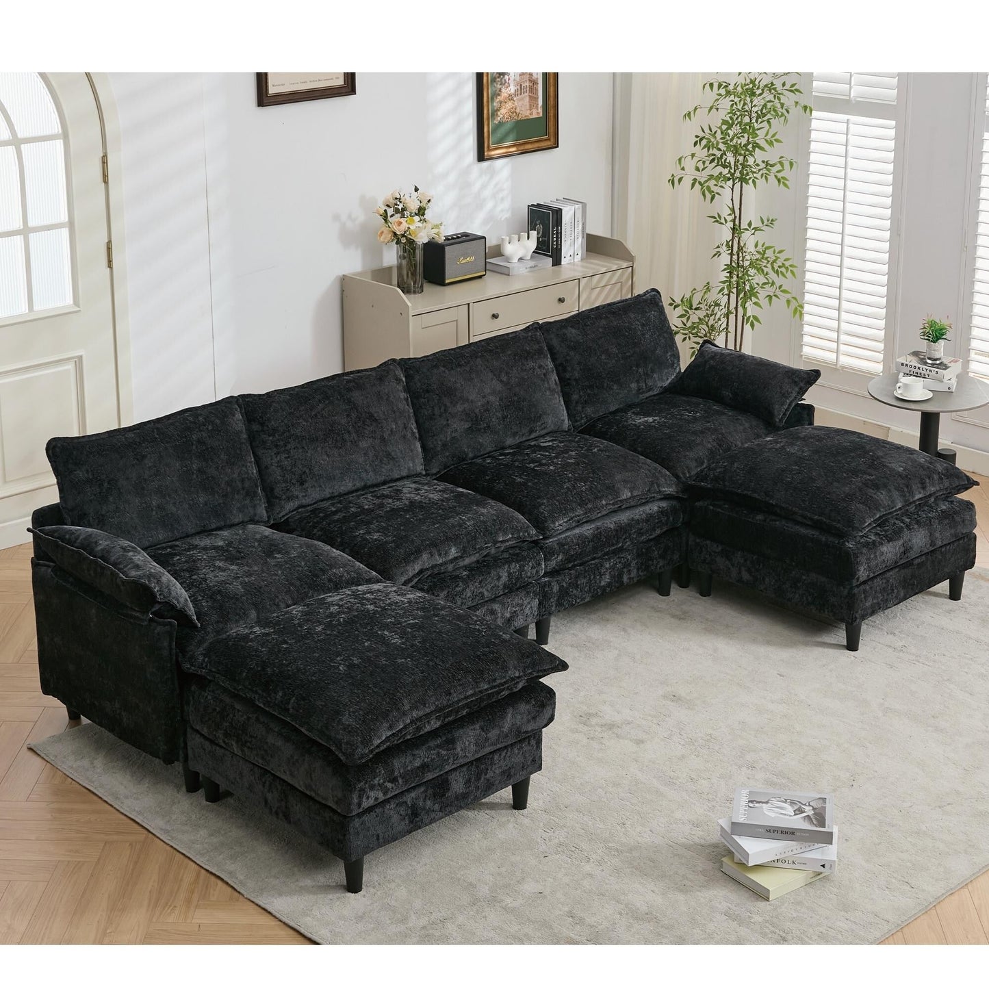 Modular 6-Seat U-Shaped Sectional Sofa with Movable Ottoman and Armrest Pillows for Living Room Apartment