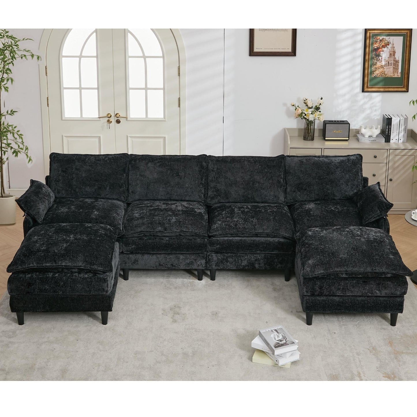 Modular 6-Seat U-Shaped Sectional Sofa with Movable Ottoman and Armrest Pillows for Living Room Apartment