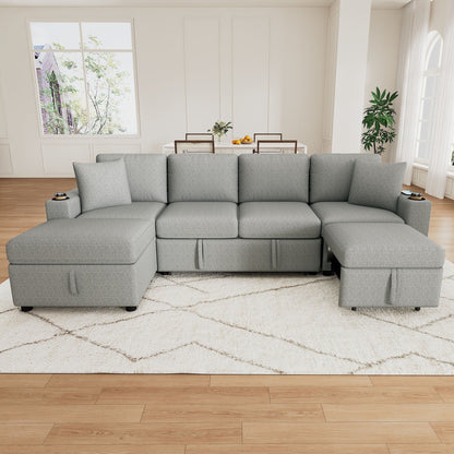 Modular Chenille Pull-Out Sleeper Sofa with Movable Storage Ottoman and USB Ports for Living Room