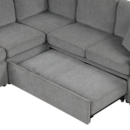 Modular Chenille Pull-Out Sleeper Sofa with Movable Storage Ottoman and USB Ports for Living Room