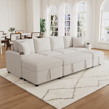 Modular Chenille Pull-Out Sleeper Sofa with Movable Storage Ottoman and USB Ports for Living Room
