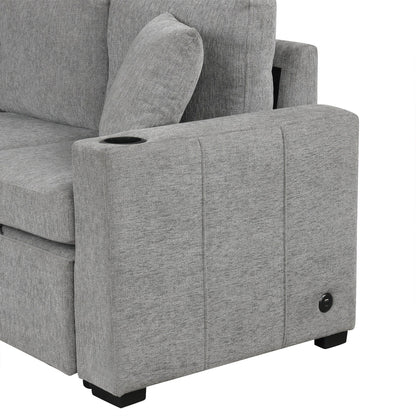 Modular Chenille Pull-Out Sleeper Sofa with Movable Storage Ottoman and USB Ports for Living Room