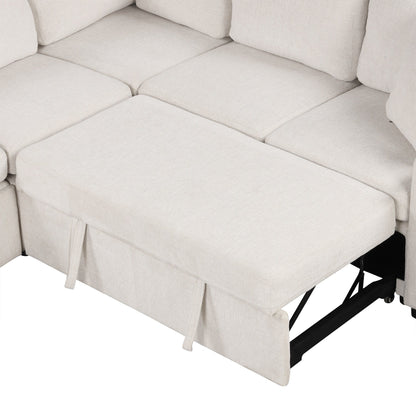 Modular Chenille Pull-Out Sleeper Sofa with Movable Storage Ottoman and USB Ports for Living Room