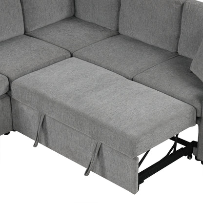 Modular Chenille Pull-Out Sleeper Sofa with Movable Storage Ottoman and USB Ports for Living Room
