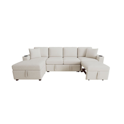 Modular Chenille Pull-Out Sleeper Sofa with Movable Storage Ottoman and USB Ports for Living Room