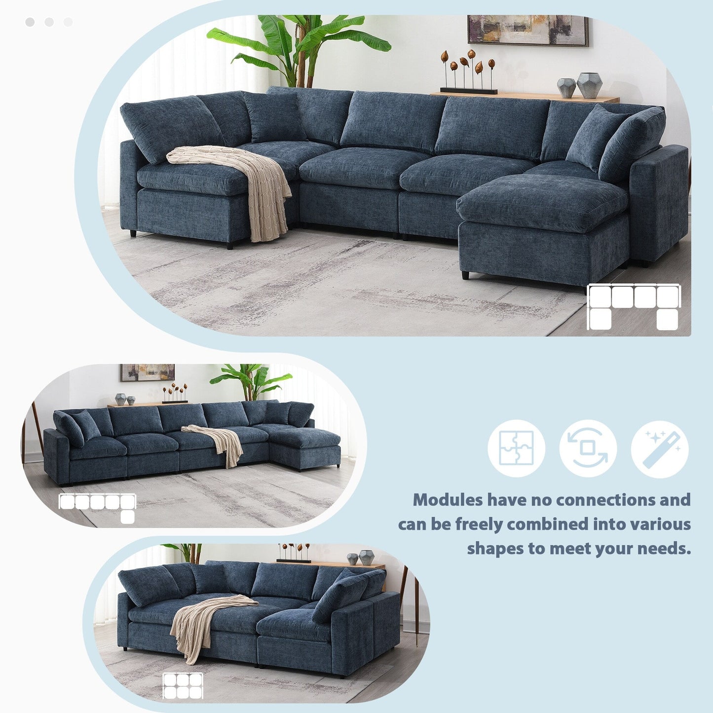 Modular Cloud Sofa Bed,Chenille Sectional Couch Set With Ottoman,Free Combination,Convertible U Shaped Sleeper Sofa